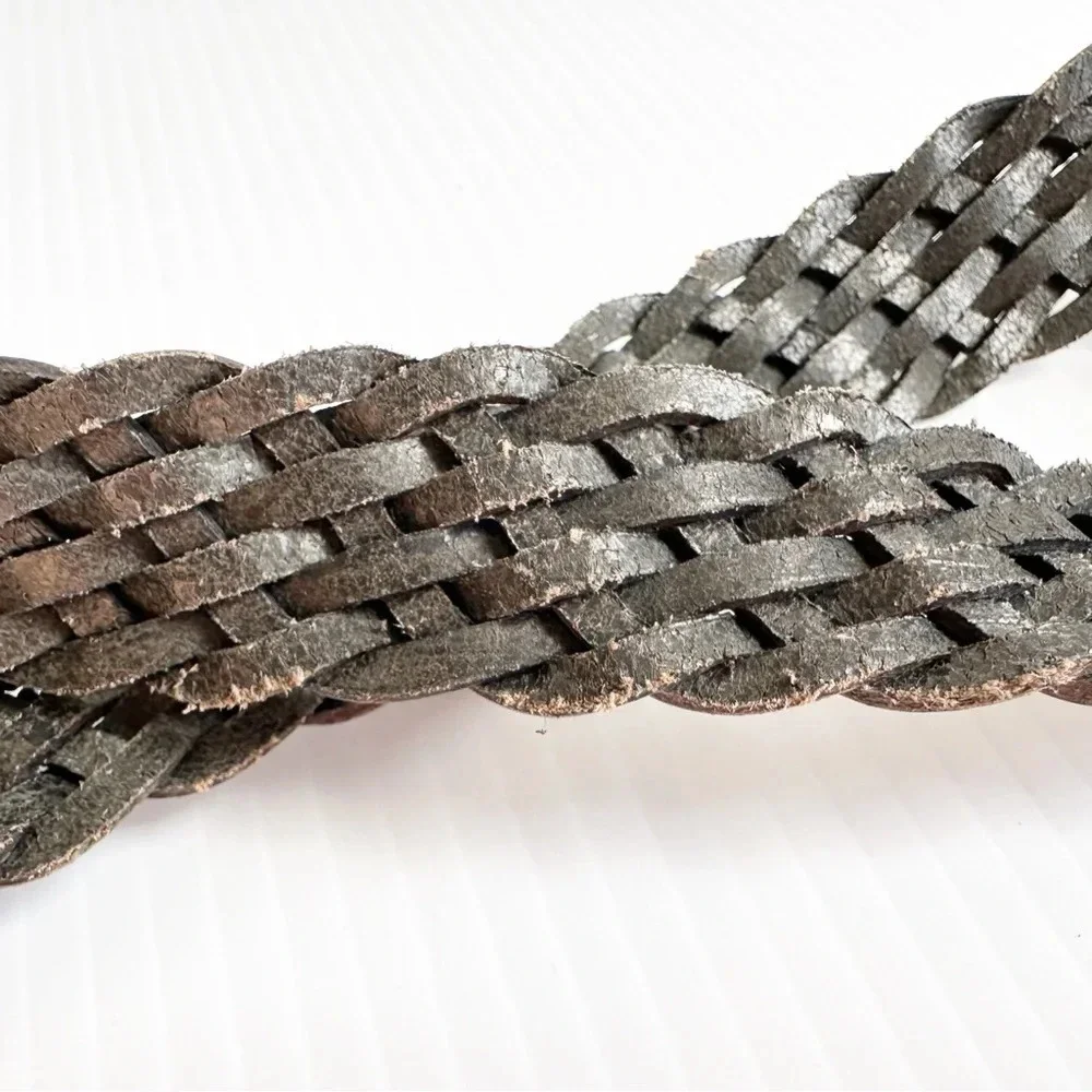 Vintage Crocodile, Woven Leather Belt Black Silver Decorative Buckle